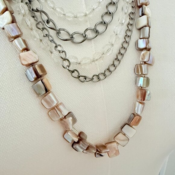 🌼✨ Layered Statement Necklace – Multi-Strand Chains, Crystals & Shell Beads - Picture 4 of 12